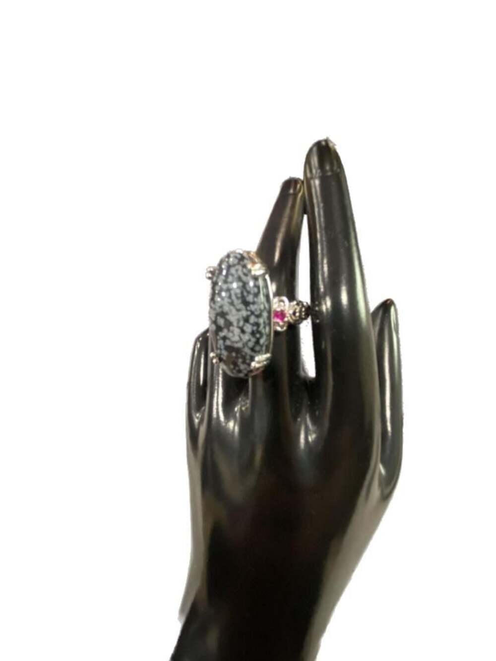 Karis STS Silver Tone Statement Ring with Oval Snowflake Obsidian and Ruby Accen